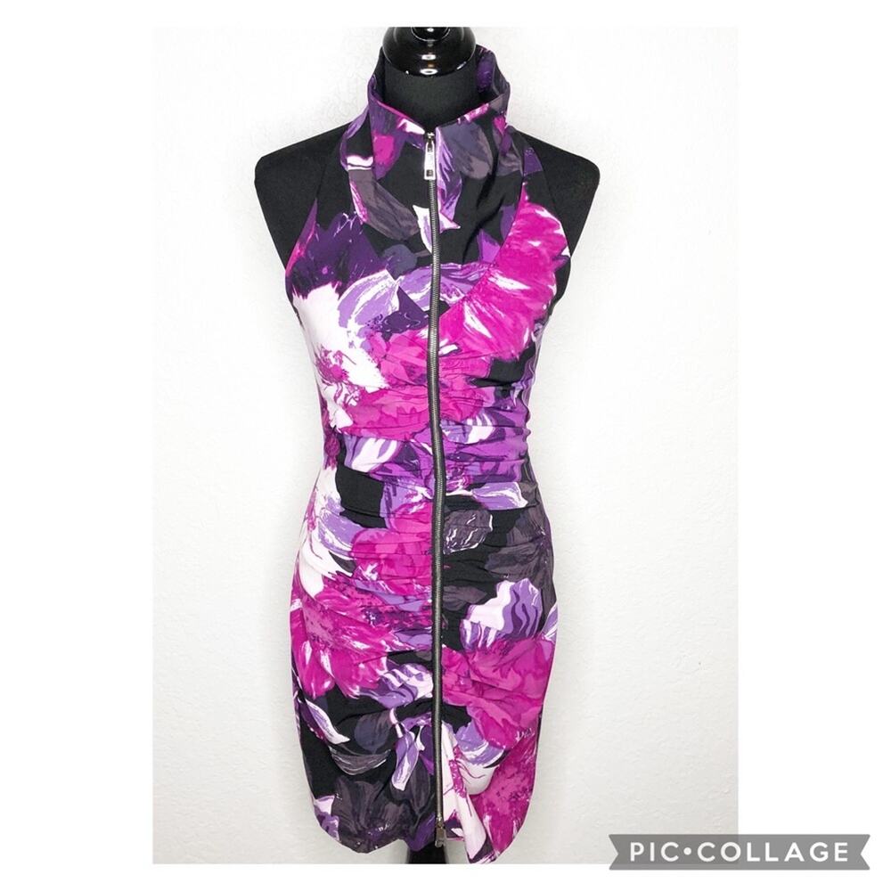 Cache black pink purple floral ruched full zip sleeveless dress size 6